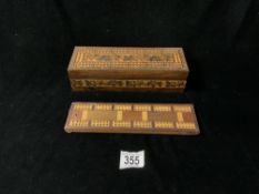 VICTORIAN TUNBRIDGEWEAR CRIBBAGE BOX AND MORE; 25.5CM