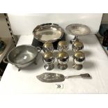 A VINERS SILVER PLATED COMPORT, SET 6 SILVER PLATED WINE GOBLETS, , PLATED FISH SLICE, SOUP SPOONS
