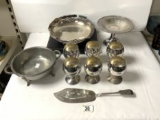 A VINERS SILVER PLATED COMPORT, SET 6 SILVER PLATED WINE GOBLETS, , PLATED FISH SLICE, SOUP SPOONS