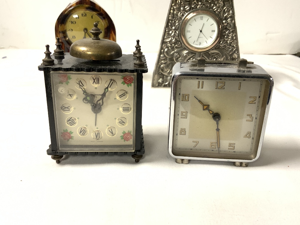 ART NOUVEAU STYLE SILVER-PLATED DESK CLOCK WITH QUARTZ MOVEMENT AND 3 BEDSIDE CLOCKS. - Image 2 of 4