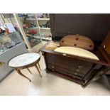 A REPRODUCTION FRENCH EMPIRE STYLE 4 DRAWER CHEST, 92X76 CMS, FRENCH OVAL MARBLE TOP TABLE, AND A
