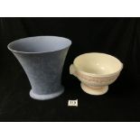 WEDGWOOD BLUE VASE; 25CM WITH A WEDGWOOD OF ETRURIA QUEENS WARE BOWL; 14CM