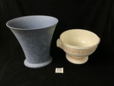 WEDGWOOD BLUE VASE; 25CM WITH A WEDGWOOD OF ETRURIA QUEENS WARE BOWL; 14CM