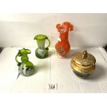 TWO GREEN MARY GREGORY GLASS JUGS, 12 CMS, BOHEMIAN GLASS LIDDED JAR AND ORANGE GLASS POSY VASE.