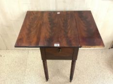 WILLIAM IV FLAME MAHOGANY DROP LEAF WORK TABLE, ON TURNED BOBBIN LEGS AND SMALL BRASS CASTORS. 32X56