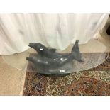 OVAL GLASS TOP COFFEE TABLE WITH DOLPHIN BASE MADE FROM FIBREGLASS 121 X 60CM