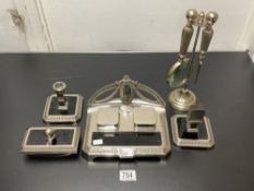 ART DECO SILVER-PLATED WITH BLACK INSET FOUR PIECE DESK SET, INKWELL 24CM, AND SILVER-PLATED