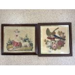 VICTORIAN ROSEWOOD FRAMED TAPESTRY STUDY OF GIRL AND LAMB; 45X40CMS AND ANOTHER OF BIRD AND