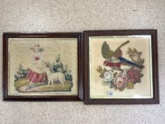 VICTORIAN ROSEWOOD FRAMED TAPESTRY STUDY OF GIRL AND LAMB; 45X40CMS AND ANOTHER OF BIRD AND