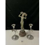 ART DECO SPELTER FIGURE OF DANCER AND TWO ART DECO CHROME NUDE LADY CANDLESTICKS.