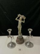 ART DECO SPELTER FIGURE OF DANCER AND TWO ART DECO CHROME NUDE LADY CANDLESTICKS.