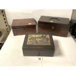 VICTORIAN ROSEWOOD RECTANGULAR TEA CADDY, [ NO INTERIOR ], 30 CMS AND TWO VICTORIAN WORK BOXES.