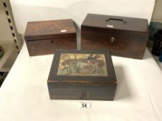 VICTORIAN ROSEWOOD RECTANGULAR TEA CADDY, [ NO INTERIOR ], 30 CMS AND TWO VICTORIAN WORK BOXES.