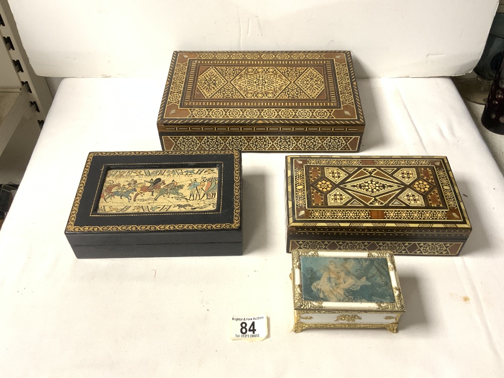 TWO MORROCON INLAID BOXES, SMALL GILT METAL MOUNTED BOX AND ANOTHER.