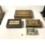 TWO MORROCON INLAID BOXES, SMALL GILT METAL MOUNTED BOX AND ANOTHER.