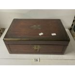 VICTORIAN BRASS INLAID ROSEWOOD WRITING BOX.