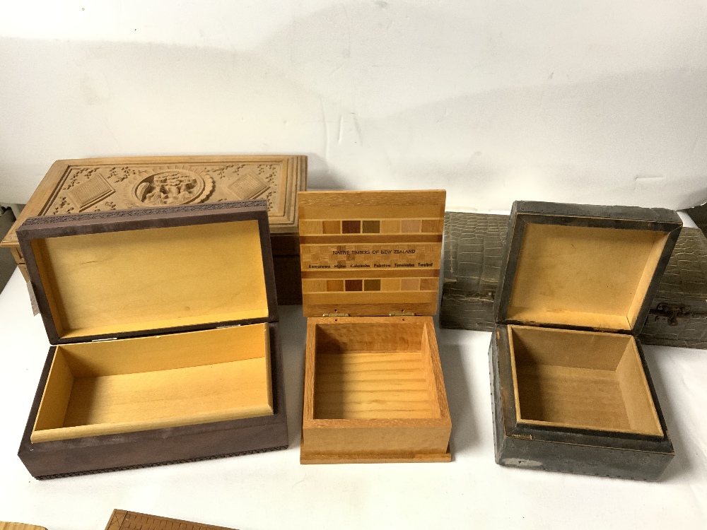 CARVED ORIENTAL SANDLEWOOD BOX, OTHER MIXED WOODEN BOXES AND TWO PEWTER MOUNTED CIGARETTE BOXES. - Image 5 of 6