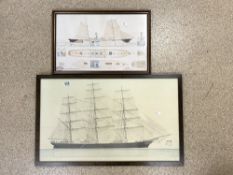 LIMITED EDITION PRINT - 48 / 750, STEAM SHIP ' DOURO ' 55X35 CMS. AND A PRINT OF A SCHOONER BY