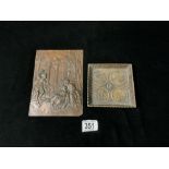 COPPER PLAQUE MARKED P.R 20.5 X 15CM WITH A CHINESE BRONZE COIN MOLD LIAU DYNASTY; 12.5CM