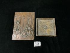 COPPER PLAQUE MARKED P.R 20.5 X 15CM WITH A CHINESE BRONZE COIN MOLD LIAU DYNASTY; 12.5CM