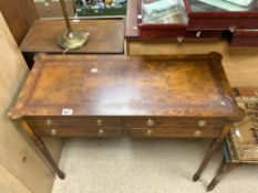 AN INLAID FAUX ROSEWOOD FOUR DRAWER REGENCY DESIGN TABLE ON REEDED LEGS; 94X43X76 CMS.