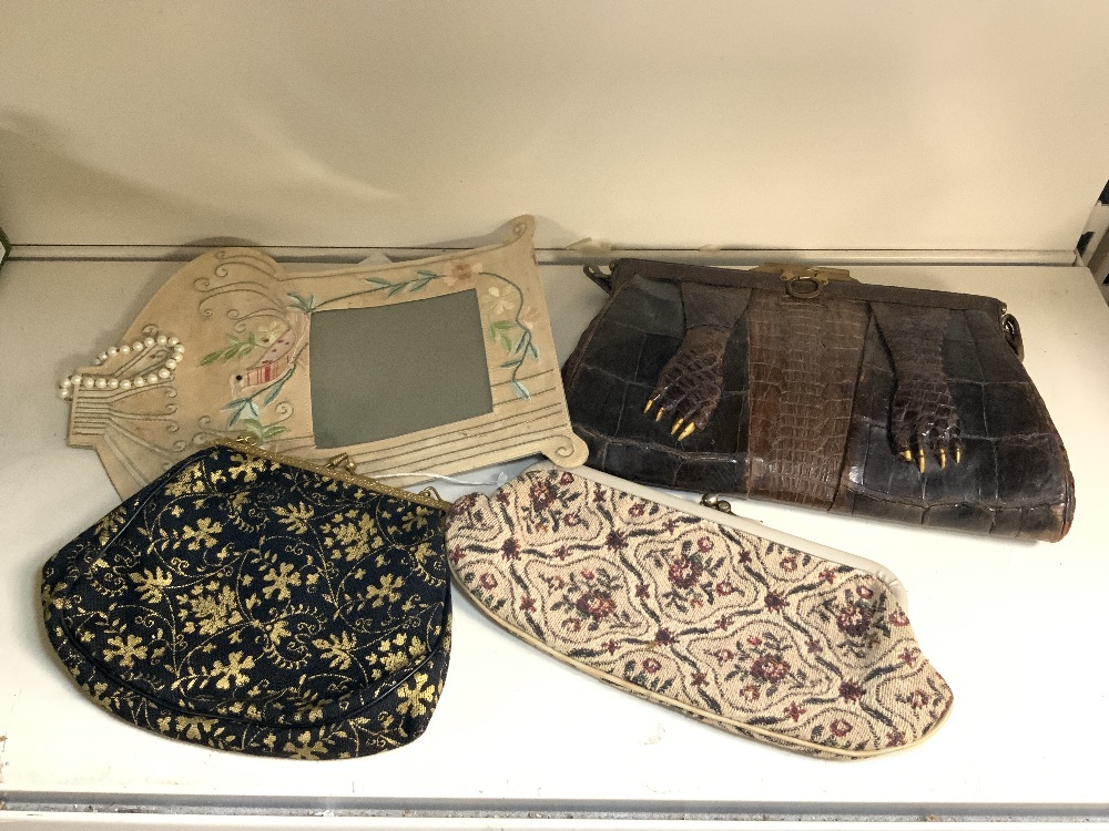 SUITCASE CONTAINING CROCODILE SKIN HANDBAG, 2 EMBROIDERED EVENING BAGS, FABRIC DOLLS, EMBROIDERED - Image 3 of 6