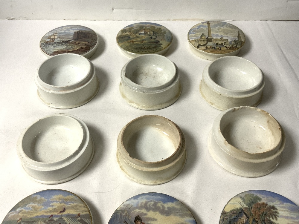 SIX VICTORIAN PRATTWARE POT LIDS WITH BASES INCLUDING " TRAFALGER SQUARE " DERBY DAY AND PEGWELL - Image 3 of 4