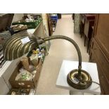 A VINTAGE BRASS FLEXI ANGLE POISE LAMP, WITH METAL SHELL SHAPED SHADE.