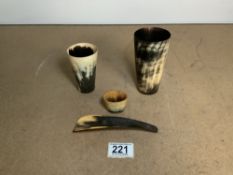TWO HORN BEAKERS, SHOE HORN AND SMALL HORN POT.
