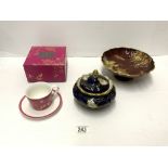 A CARLTON WARE ROUGE ROYALE CIRCULAR TAZZA; 23 CMS, A ROSENTHAL PORCELAIN BLUE AND GILT LIDDED