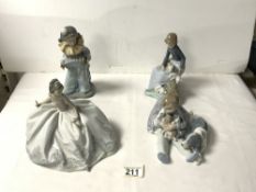TWO LLADRO PORCELAIN FIGURES AND TWO NAO PORCELAIN FIGURES.