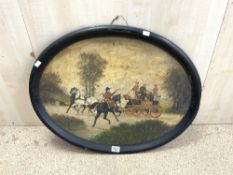 VICTORIAN OVAL PAPIER MACHE TRAY WITH PAINTED STAGE COACH AND HIGHWAYMEN SCENE, 73X57 CMS.
