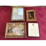 A GILT FRAMED EASEL MIRROR, OIL ON BOARD PORTRAIT, FRAMED DOCUMENT AND PICTURE OF NAPOLEON.