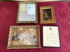 A GILT FRAMED EASEL MIRROR, OIL ON BOARD PORTRAIT, FRAMED DOCUMENT AND PICTURE OF NAPOLEON.