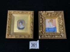 TWO HANDPAINTED MINIATURES OF VICTORIAN LADIES IN GILDED FRAMES LARGEST 12 X 12CM