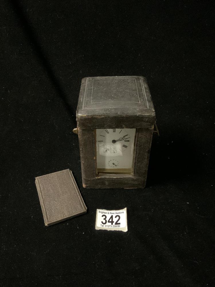 BRASS CARRIAGE CLOCK WITH STRIKING ALARM MOVEMENT WITH WHITE ENAMEL DIAL ,11CM ( REAR DOOR LOOSE ) - Image 2 of 6