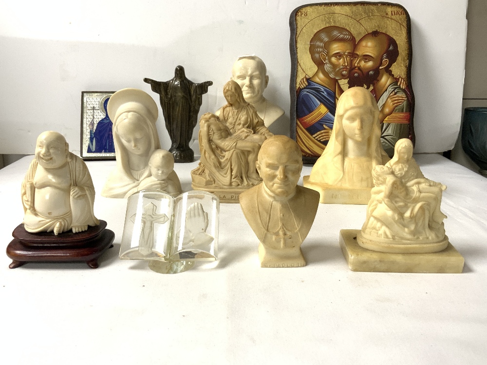 BRONZE FIGURE OF CHRIST, 14 CMS, RESIN BUSTS OF THE POPE, ICO AND 2 RELIGOUS FIGURES BUSTS. - Image 2 of 4