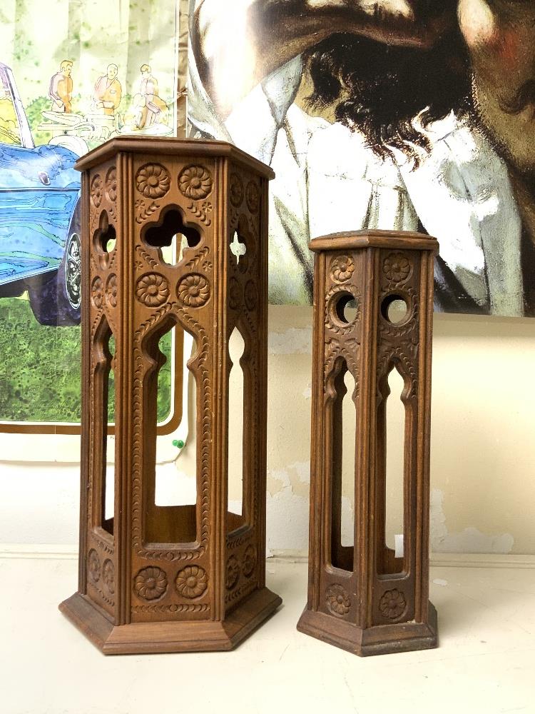 TWO CARVED SOFTWOOD HEXAGONAL MOORISH STANDS; 33CMS. - Image 3 of 3