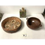 EASTERN GLAZED POTTERY FLASK, CIRCULAR POTTERY BOWL DECORATED WITH BIRDS; 25 CMS AND RED POTTERY