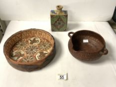 EASTERN GLAZED POTTERY FLASK, CIRCULAR POTTERY BOWL DECORATED WITH BIRDS; 25 CMS AND RED POTTERY