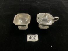 HALLMARKED SILVER SQUARE PEDESTAL MUSTARD POT WITH MATCHING SALT DATED 1948; MAKERS MARK RUBBED; 120