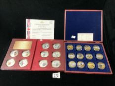 SET OF 10 FINE SILVER " THE QUEENS BEASTS " COINS IN A FOLDER AND A SET OF 12 GOLD-PLATED COINS TO