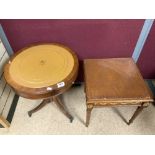 MAHOGANY DRUM TABLE WITH A FRENCH EMPIRE STYLE SIDE TABLE BOTH WITH A LEATHER TOP