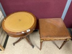 MAHOGANY DRUM TABLE WITH A FRENCH EMPIRE STYLE SIDE TABLE BOTH WITH A LEATHER TOP