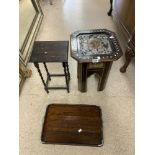 A MOORISH MOTHER O PEARL INLAID TABLE, OAK TRAY AND BARLEY TWIST TABLE.