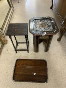 A MOORISH MOTHER O PEARL INLAID TABLE, OAK TRAY AND BARLEY TWIST TABLE.