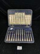 A SET OF 12 HALLMARKED SILVER HANDLED KNIVES AND FORKS IN CASE.