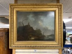 EARLY INDISTINCTLY SIGNED OIL ON PANEL A RIVER LANDSCAPE WITH FIGURES WITH A HORSE BY THATCHED BARNS