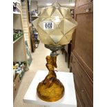 ART DECO WALTHER & SOHNE AMBER GLASS LADY FIGURE TABLE LAMP [ SHADE A/F ]; 40 CMS.