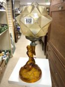 ART DECO WALTHER & SOHNE AMBER GLASS LADY FIGURE TABLE LAMP [ SHADE A/F ]; 40 CMS.